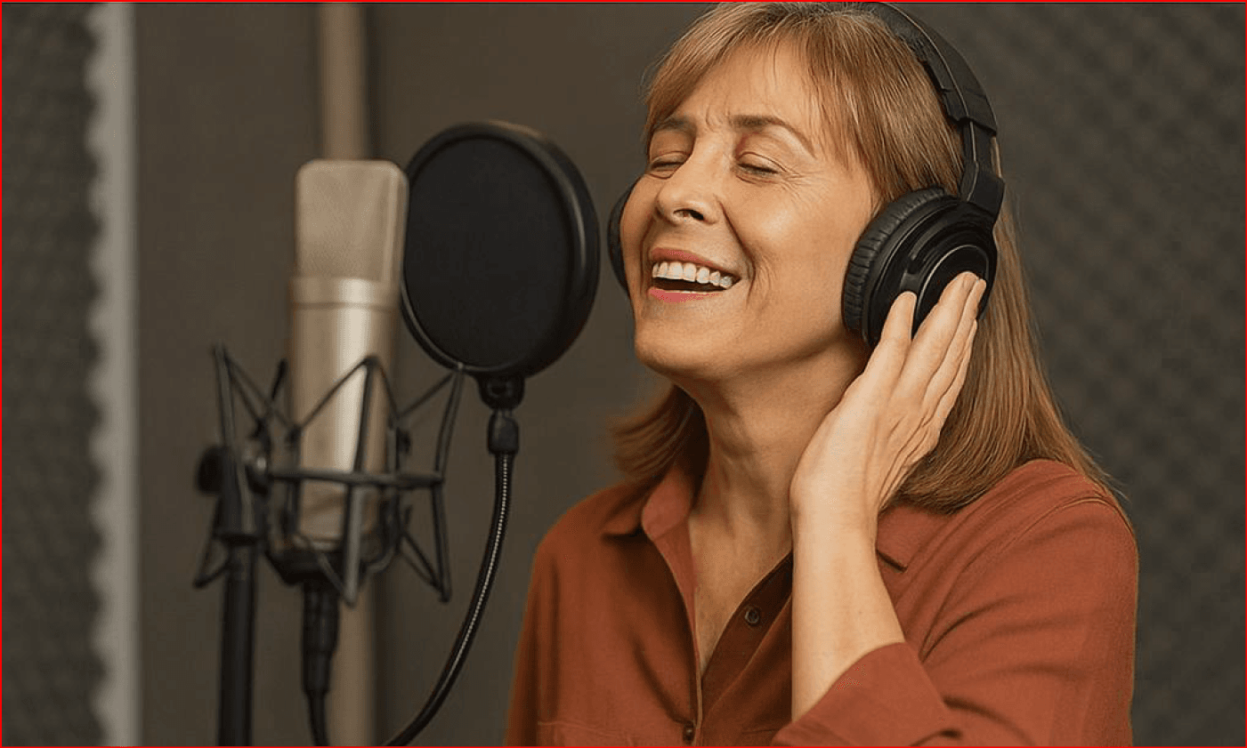 Mulher usando fones de ouvido canta em um microfone em um estúdio de gravação, segurando um fone de ouvido e sorrindo com os olhos fechados. Mulher usando fones de ouvido canta em um microfone em um estúdio de gravação, segurando um fone de ouvido e sorrindo com os olhos fechados.