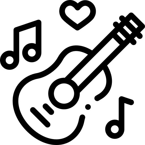 Ícone de um violão com signos musicais em volta